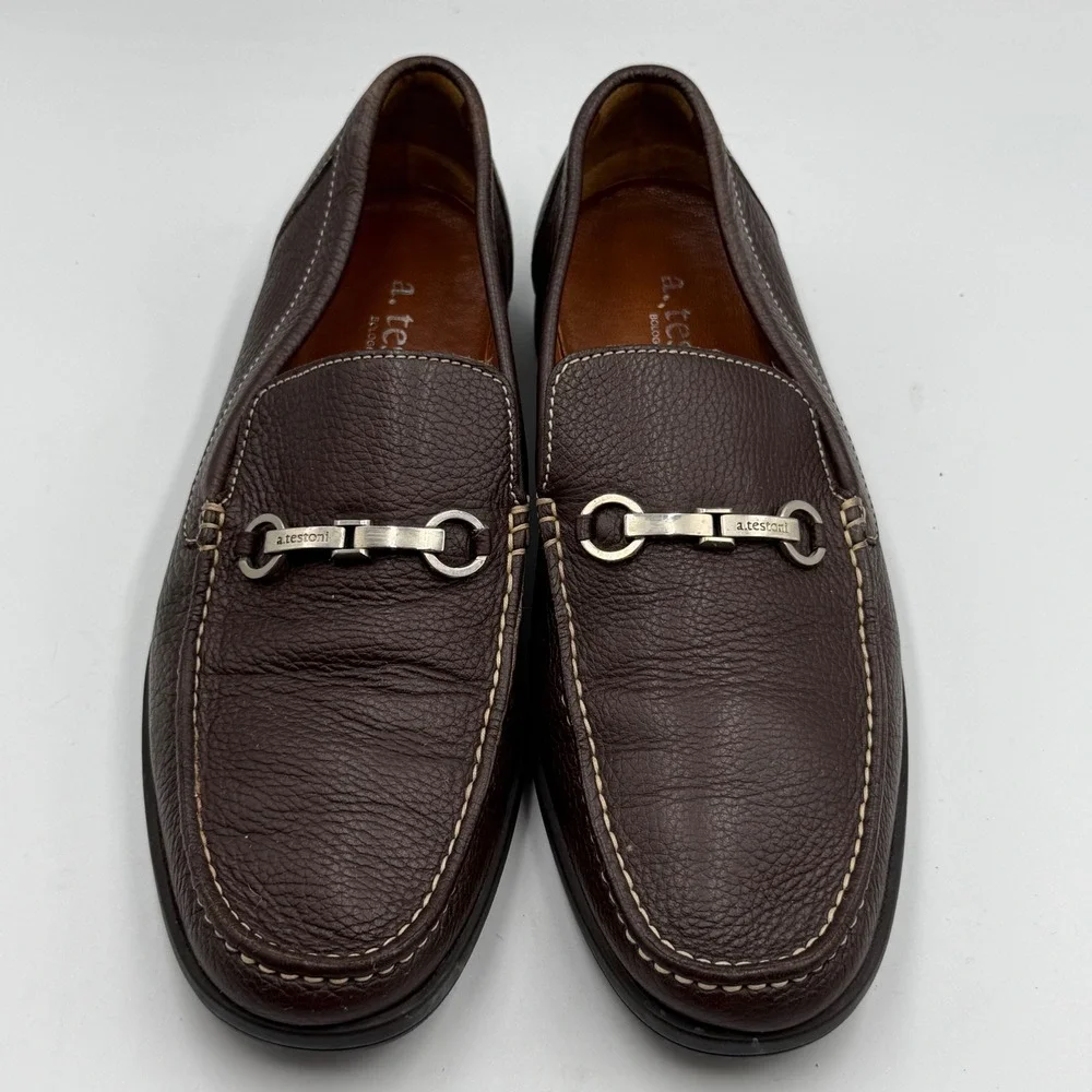 A.‎ Testoni Men's 8.5 Brown Pebbled Leather Bit Loafers Italy Luxury Dress Shoes